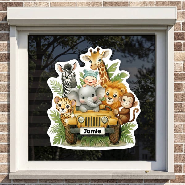 Geboorte raamsticker | Baby in jeep jungle