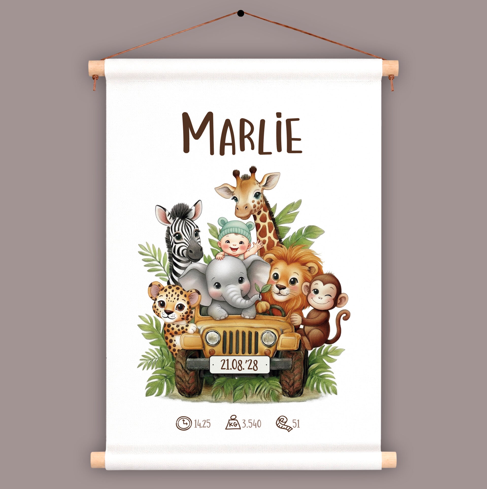 Geboorteposter van textiel | Baby en jungledieren in jeep