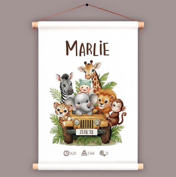 Geboorteposter van textiel | Baby en jungledieren in jeep
