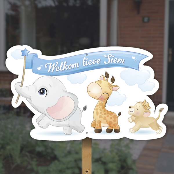 Geboortebord tuin | Olifant met vlag en jungledieren | Jongen