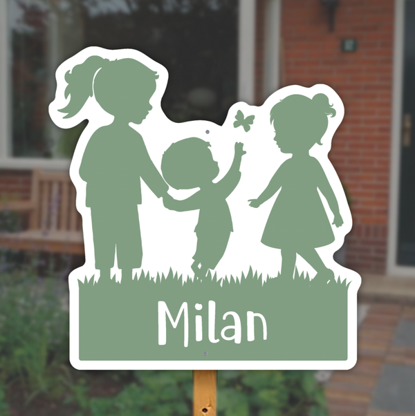 Geboortebord silhouette zussen met klein broertje