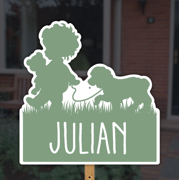 Geboortebord silhouet jongen met hondje