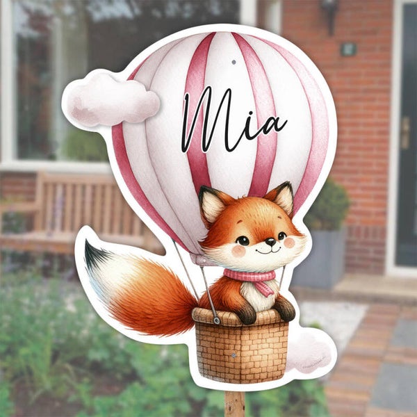 Geboortebord vos in luchtballon meisje