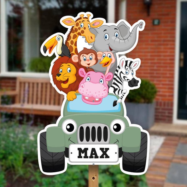 Geboortebord tuin | Jungledieren in jeep | Jongen