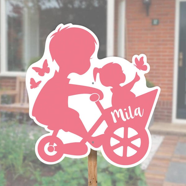 Geboortebord grote broer met zusje op fiets
