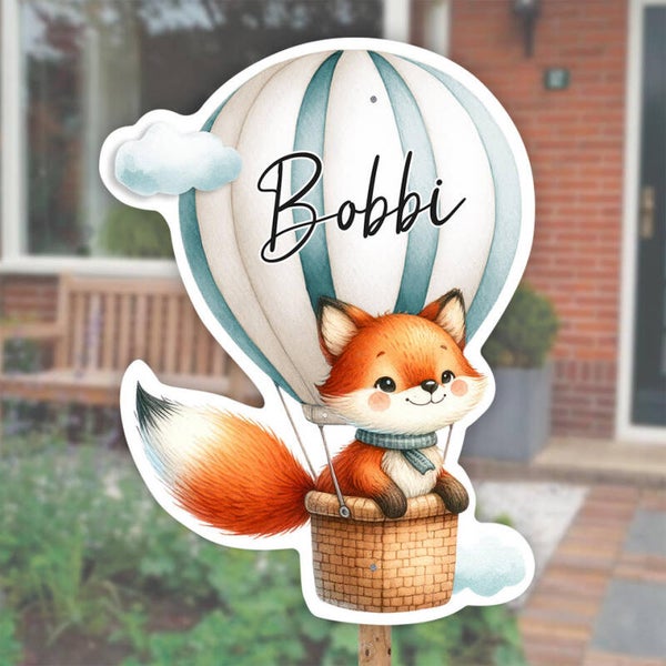 Geboortebord vos in luchtballon jongen