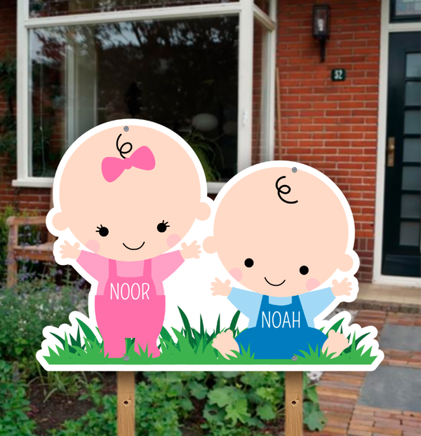 Geboortebord baby gras tweeling jongen en meisje