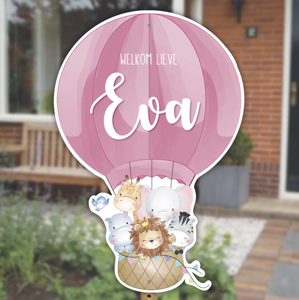 Geboortebord roze luchtballon vrolijke dieren | Meisje