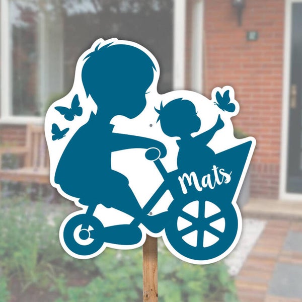 Geboortebord grote broer met broertje op fiets