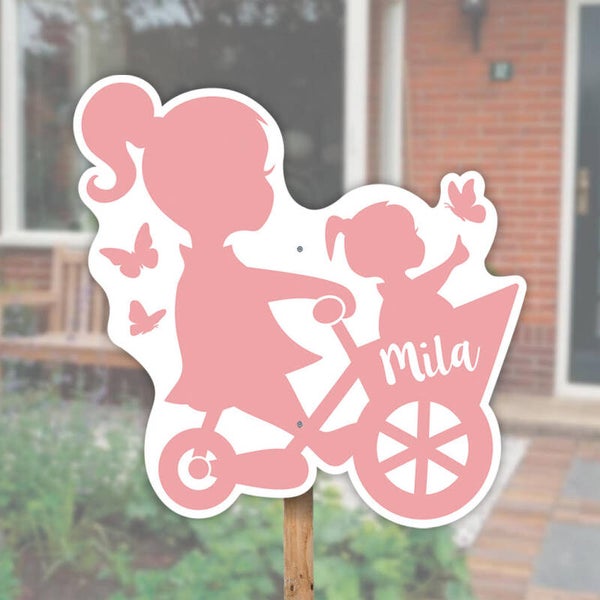 Geboortebord grote zus met zusje op fiets