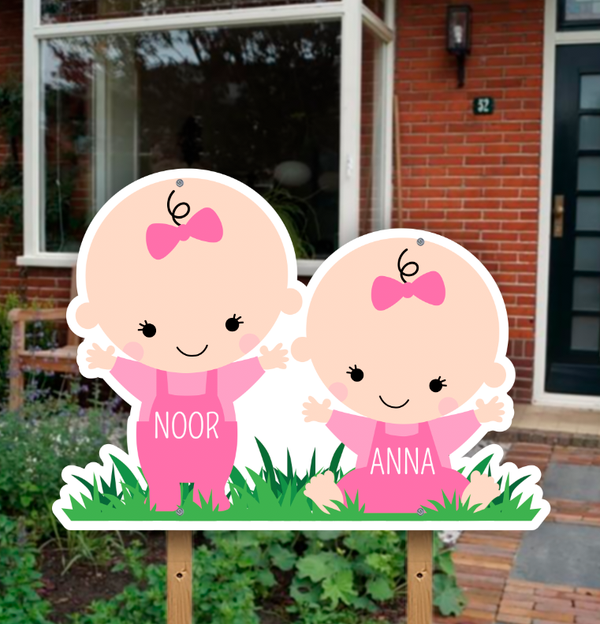 Geboortebord baby gras tweeling meisjes