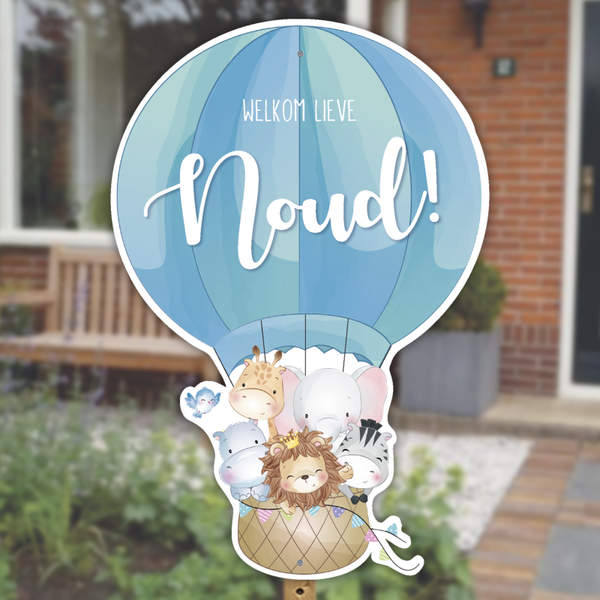 Geboortebord blauwe luchtballon met dieren | Jongen