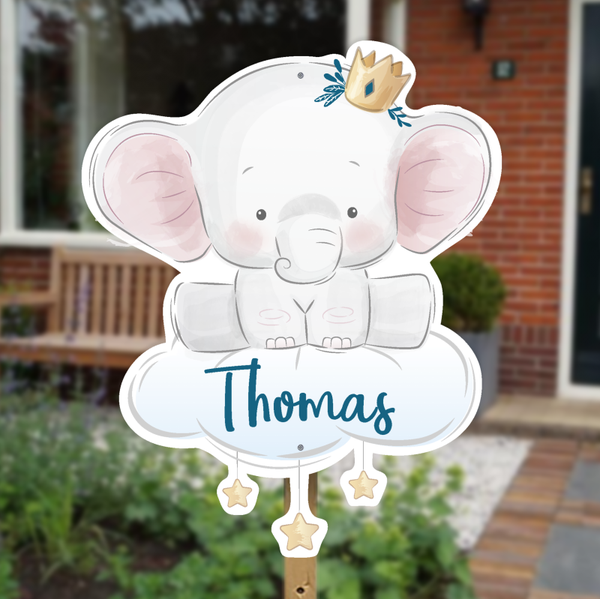 Geboortebord olifant op wolkje met sterren | Jongen