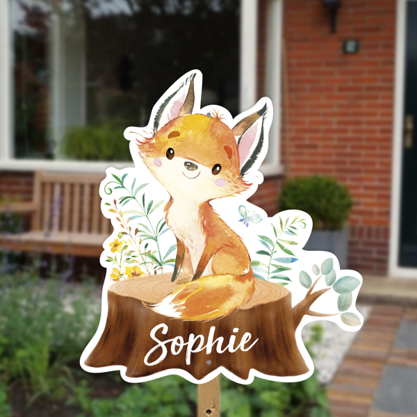 Geboortebord vos op boomstam | Neutraal