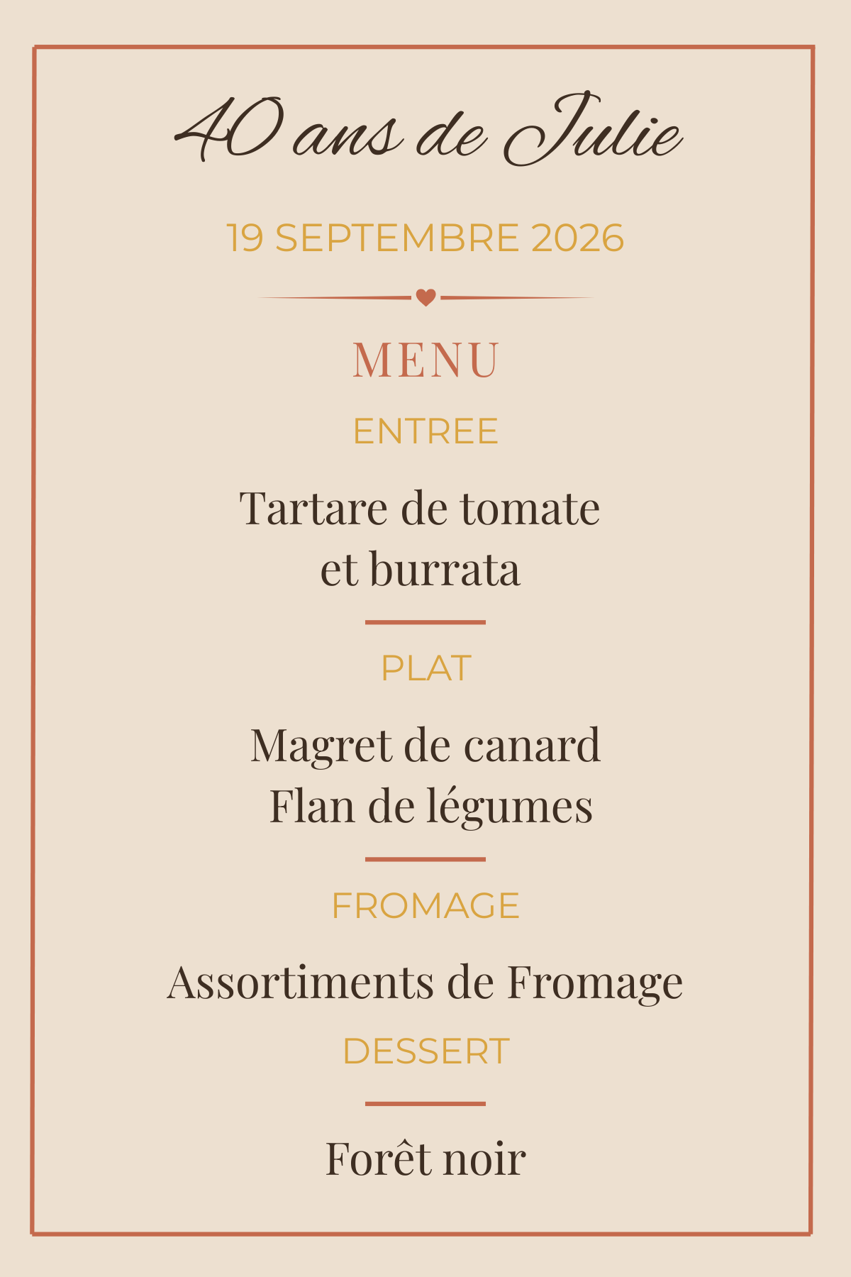 Menu Élégance - Format Carte 10x15  – Mariage, Anniversaire, Baptême (Collection Élégance)