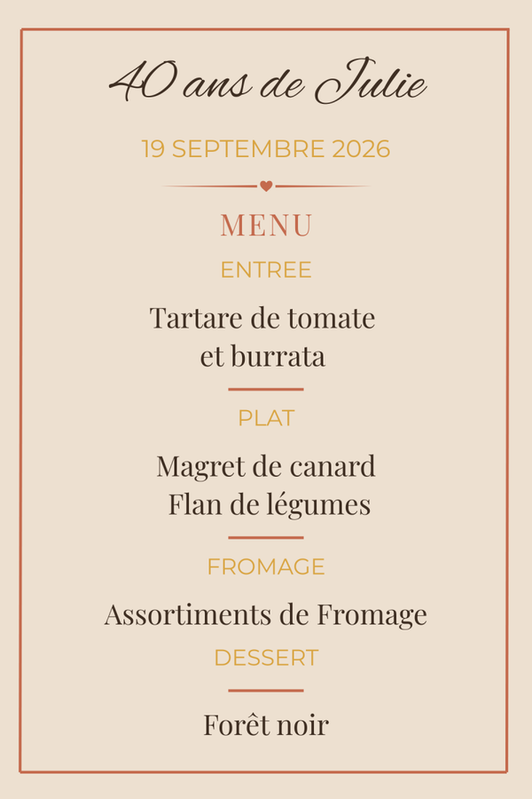 Menu Élégance - Grand Format A5 - Mariage, Anniversaire, Baptême (Collection Élégance)