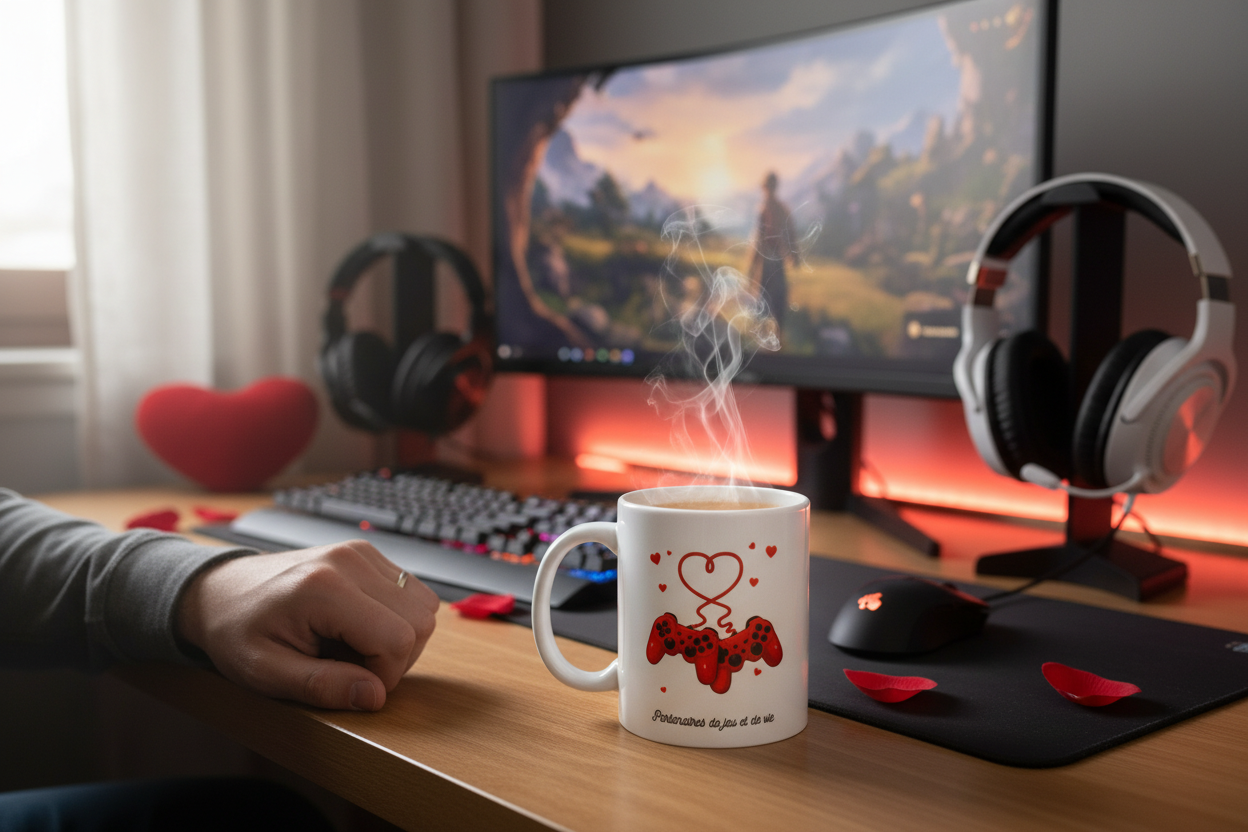 "Partenaires de jeu et de vie" – Tasse Geek Romantique