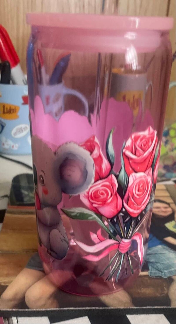 12 oz pink glass cup with pink lid