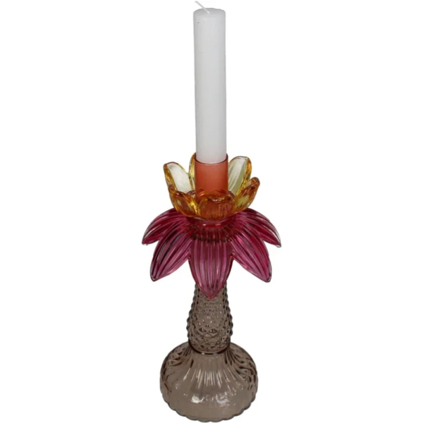 Glazen Palm Bloem Kandelaar Roze & Amber