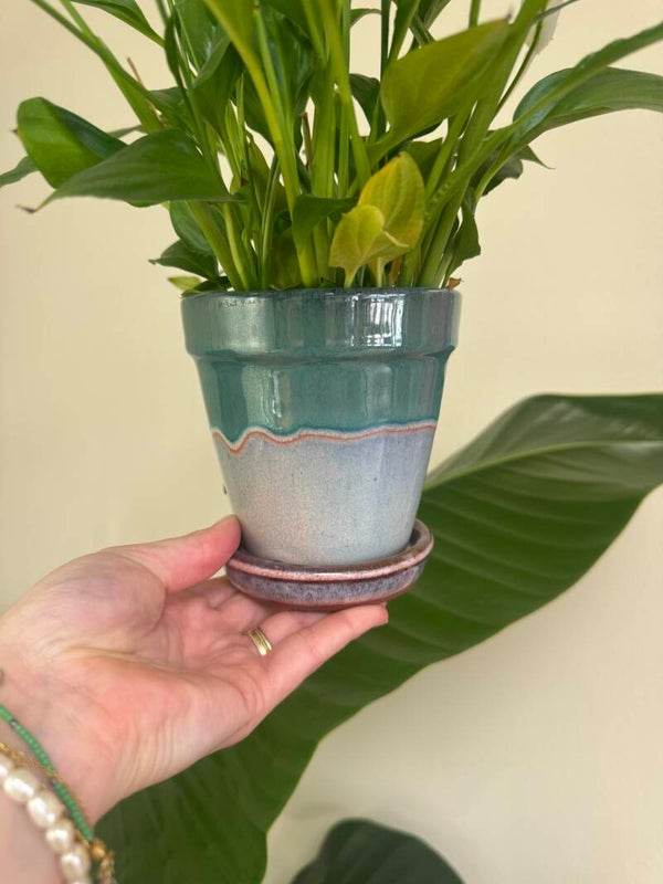 Keramische Bloempot Turquoise & Roze met Schotel S