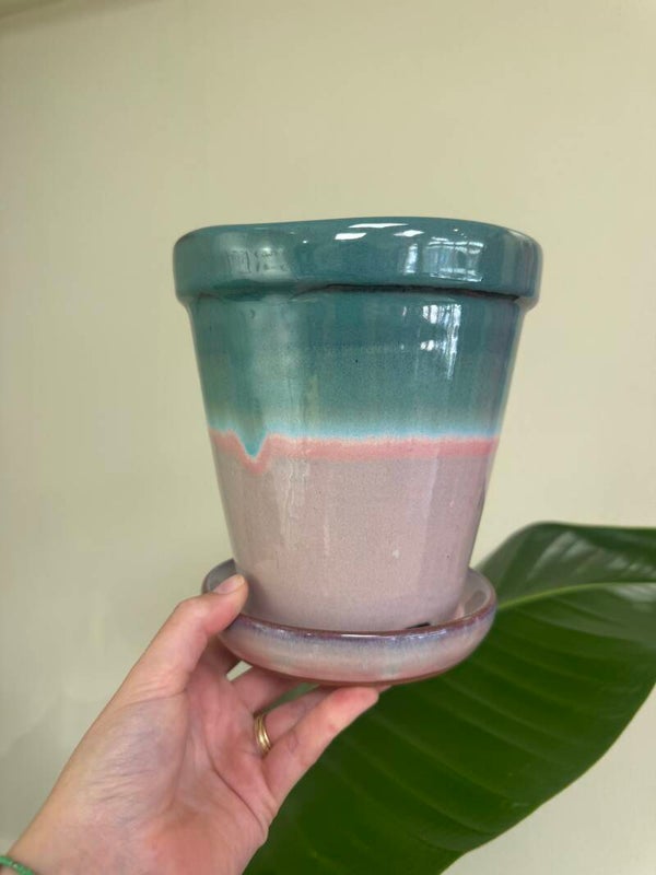Keramische Bloempot Turquoise & Roze met Schotel M