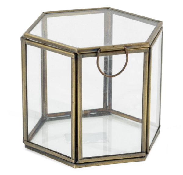 Vintage glazen opbergdoosje – stijlvolle sieradendoos met goudkleurig frame