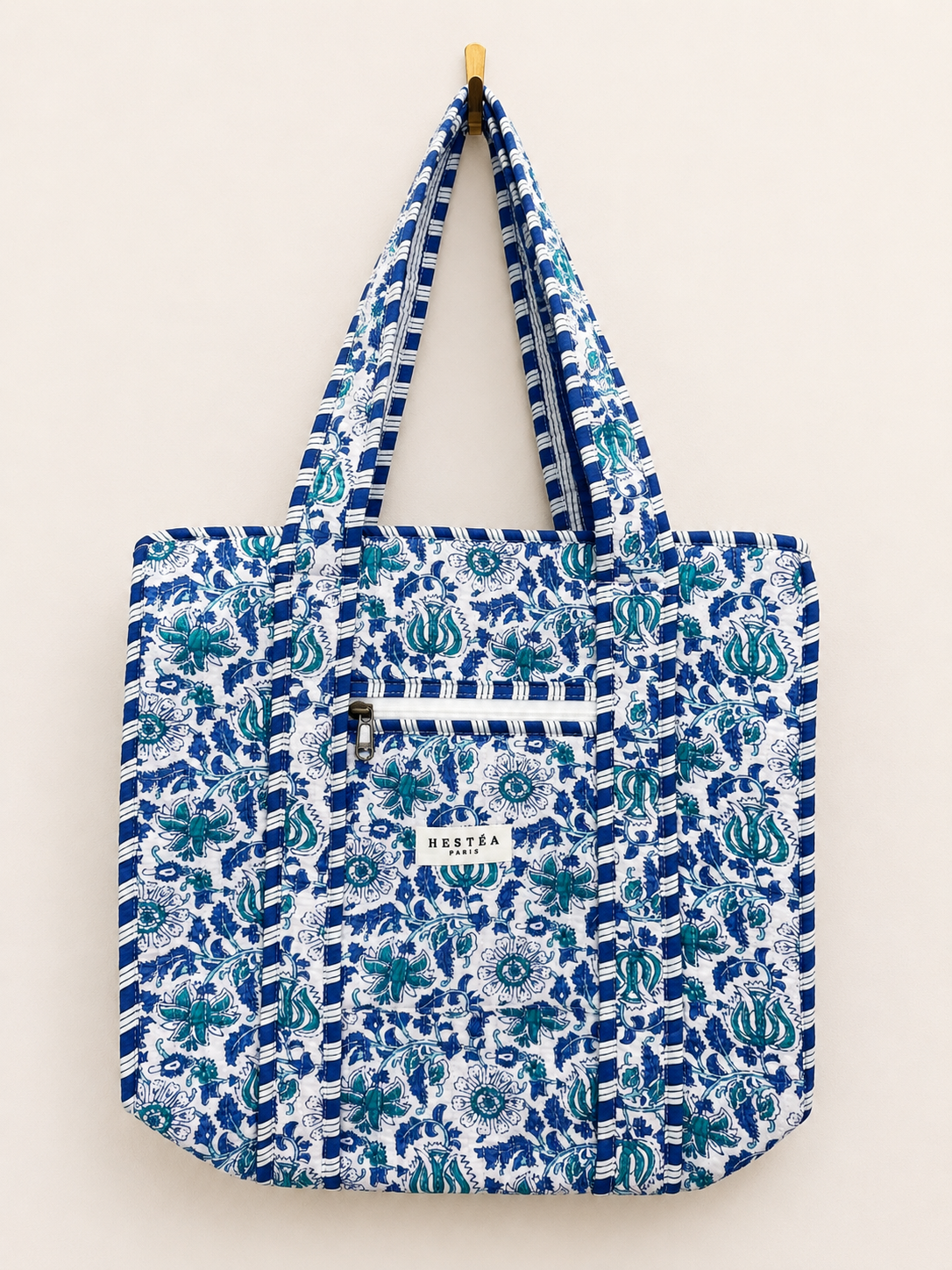 Gewatteerde Shopper Tas, Blauw Bloemenprint