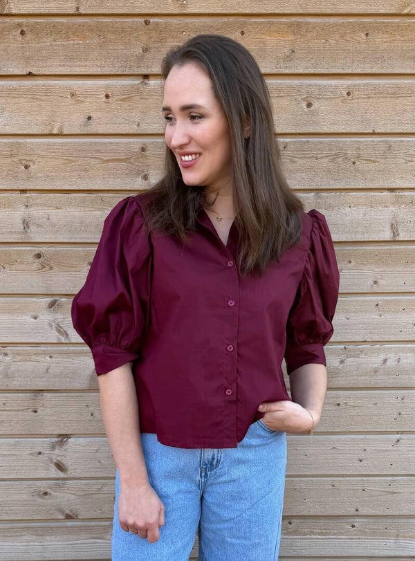 Blouse korte pofmouw - bordeauxrood