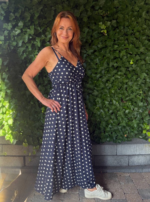 Lange polkadot jurk - blauw