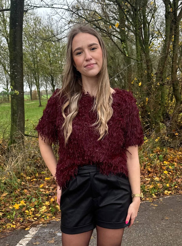 Glitter top halflange mouw - bordeauxrood