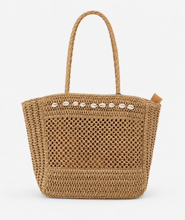 Strand tas met schelpen - khaki