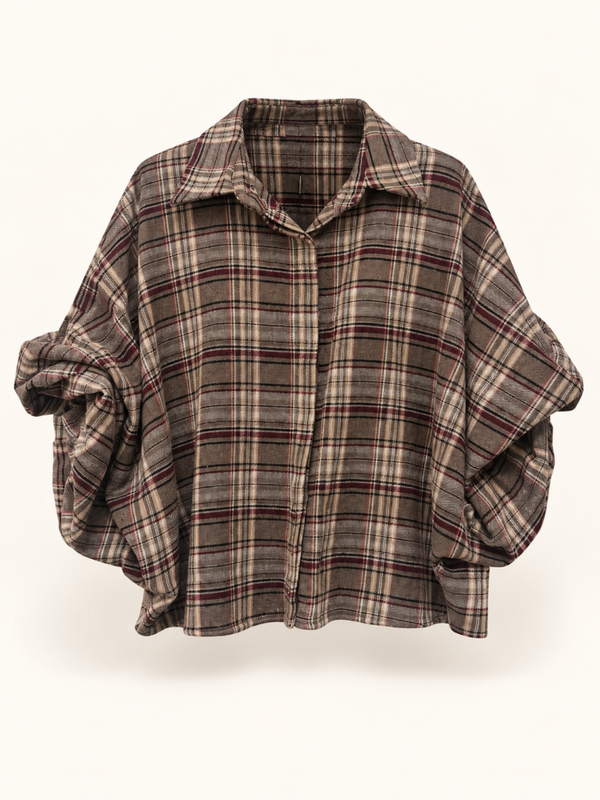 Geruite blouse met driekwart mouw - taupe