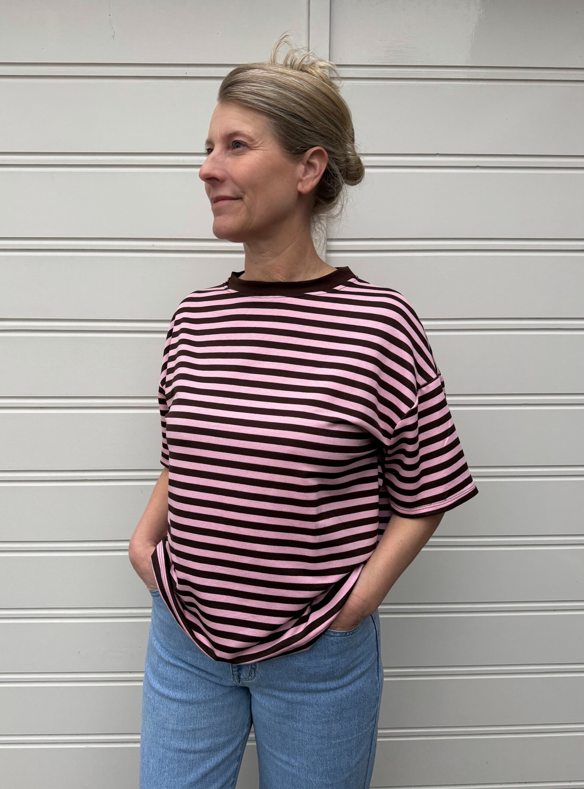 Gestreept shirt met korte mouw - bruin/roze