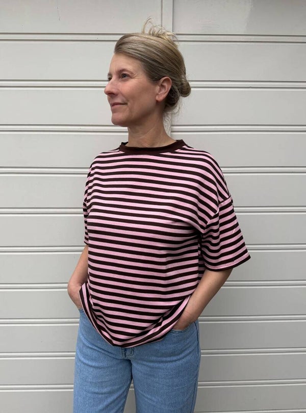 Gestreept shirt met korte mouw - bruin/roze