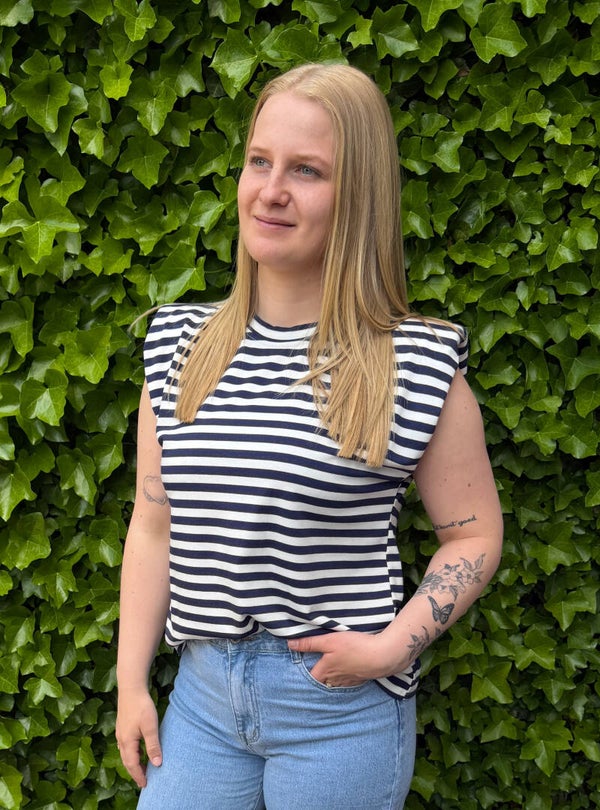 Gestreept shirt zonder mouw met shoulder pads - blauw/wit