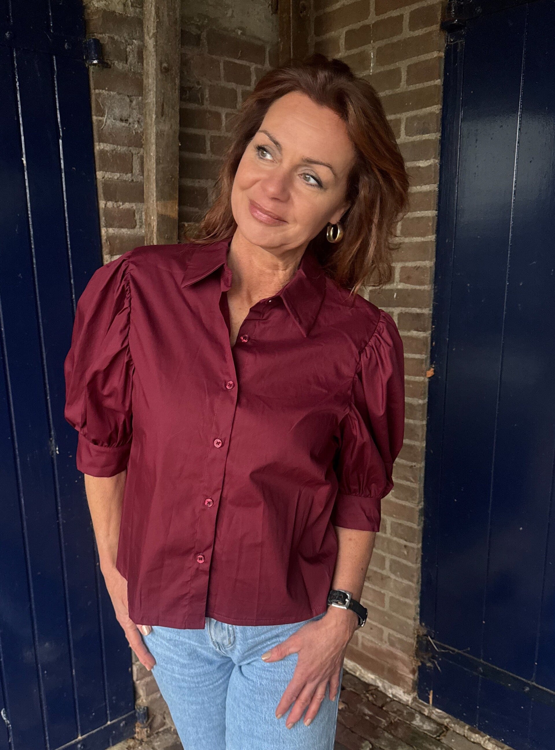 Blouse korte pofmouw - bordeauxrood
