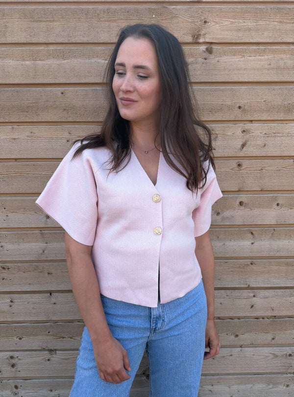 Top met korte mouw met knoopdetail - roze