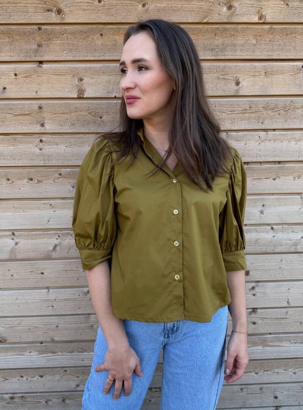 Blouse korte pofmouw - olijfgroen
