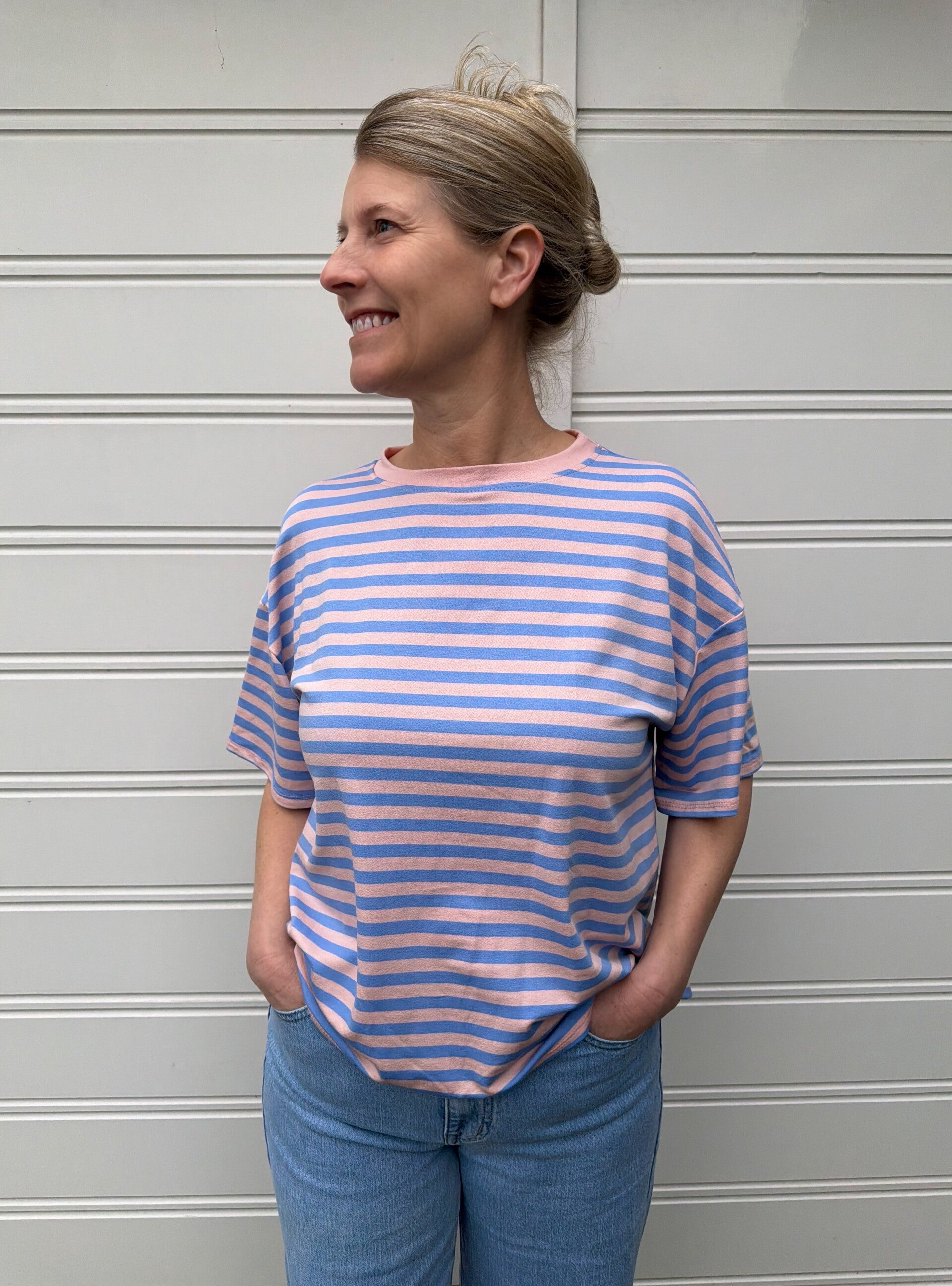 Gestreept shirt met korte mouw - lichtroze/lichtblauw