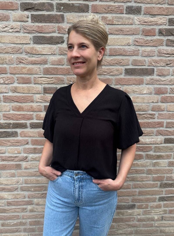 V-hals top met ballonmouw - zwart