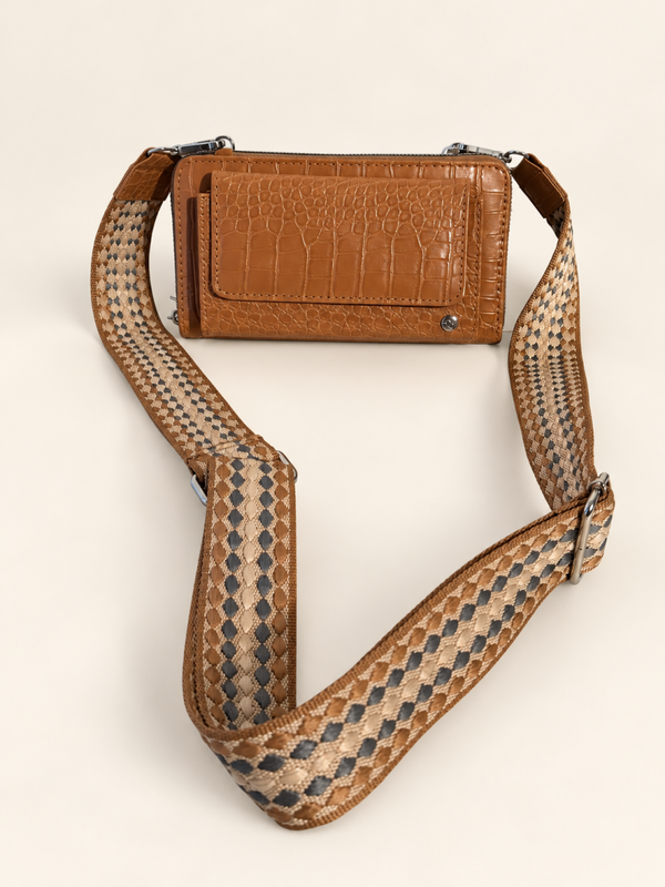Portemonneetasje met print hengsel - cognac