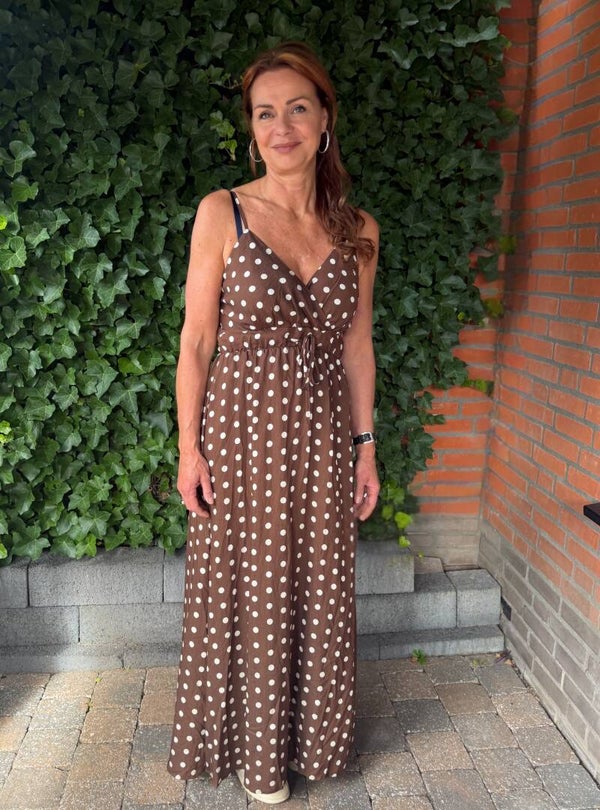 Lange polkadot jurk - bruin
