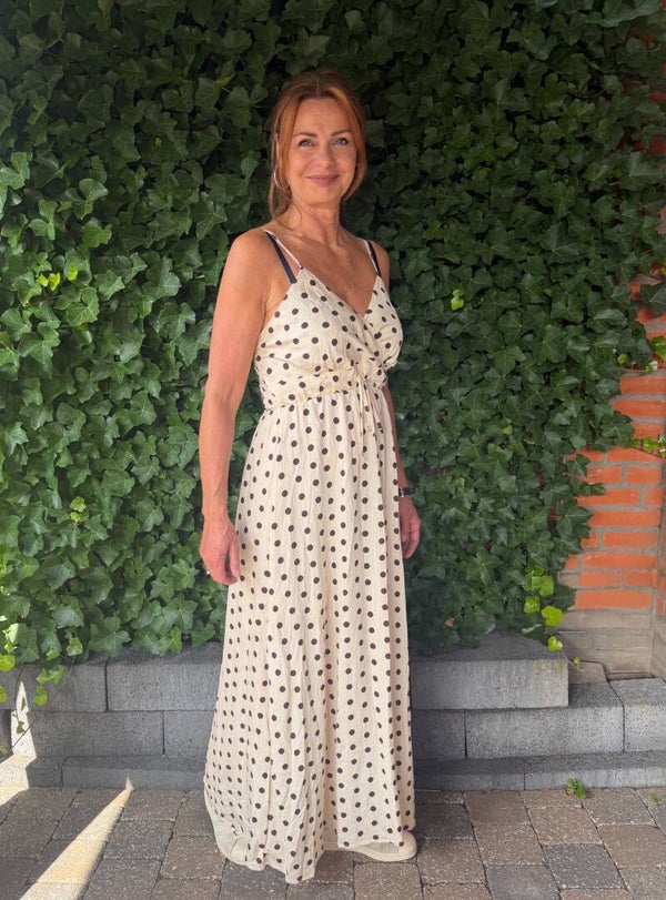 Lange polkadot jurk - beige