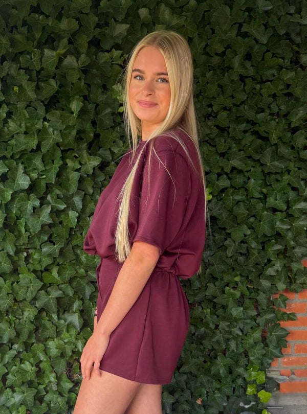 Set top met korte mouw en korte broek - burgundy