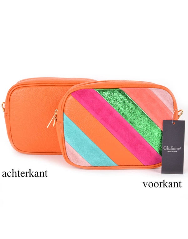 Lederen metallic schoudertas oranje rainbow