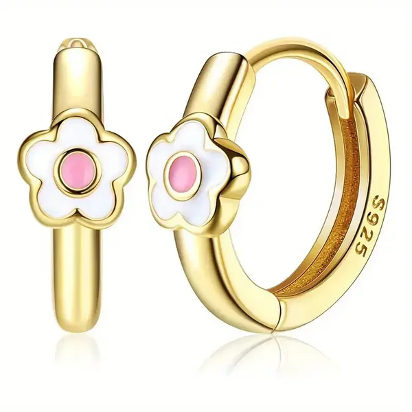 Modieuze daisy bloem hoop oorbellen - 925er zilver (gouden)