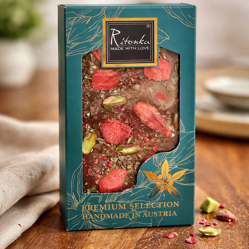 Premium Melkchocolade Met Aardbei, Pistachenoten & Basilicum