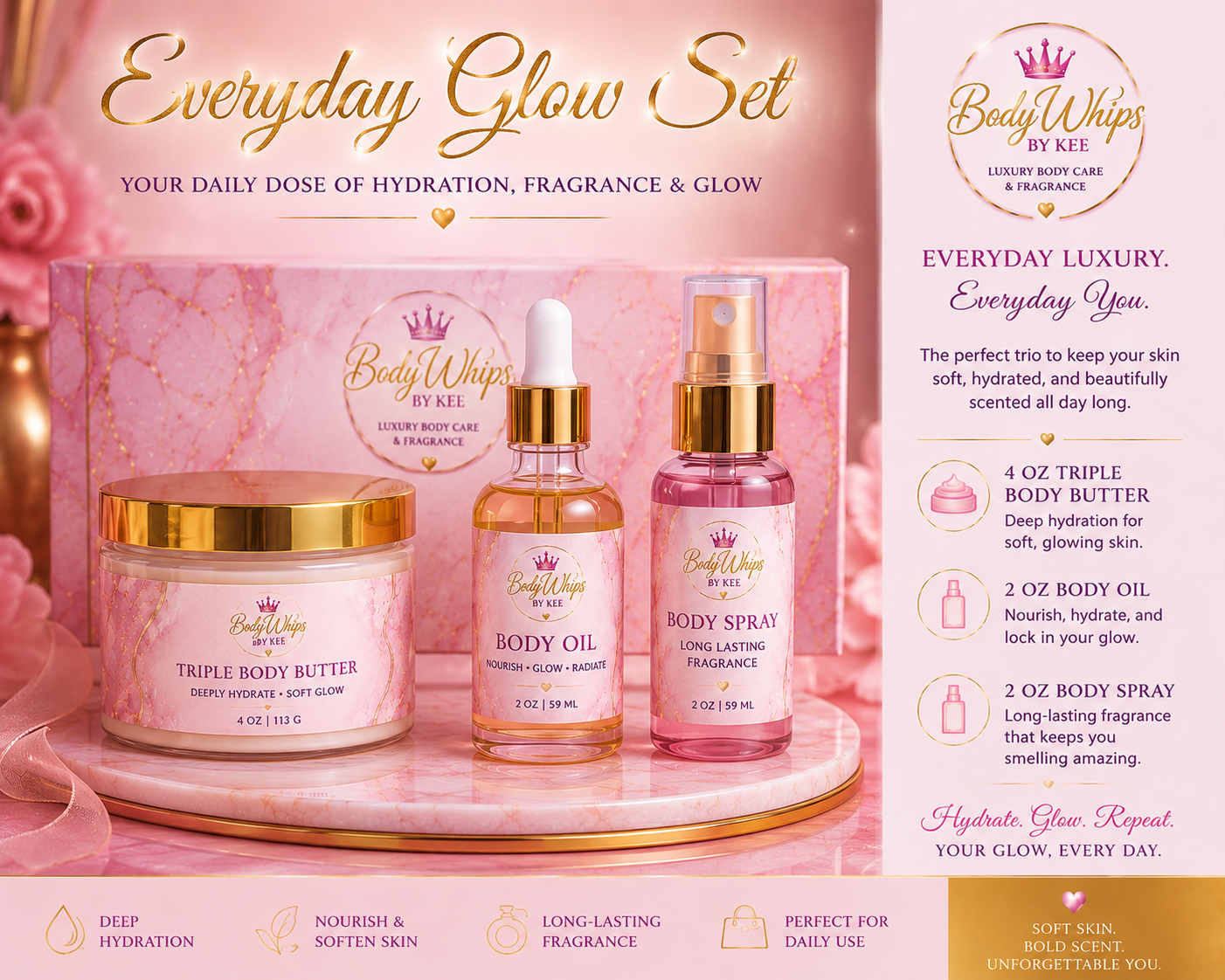 ✨ Everyday Glow Set ✨ Your daily luxury ritual for soft skin, radiant glow, and unforgettable fragrance.