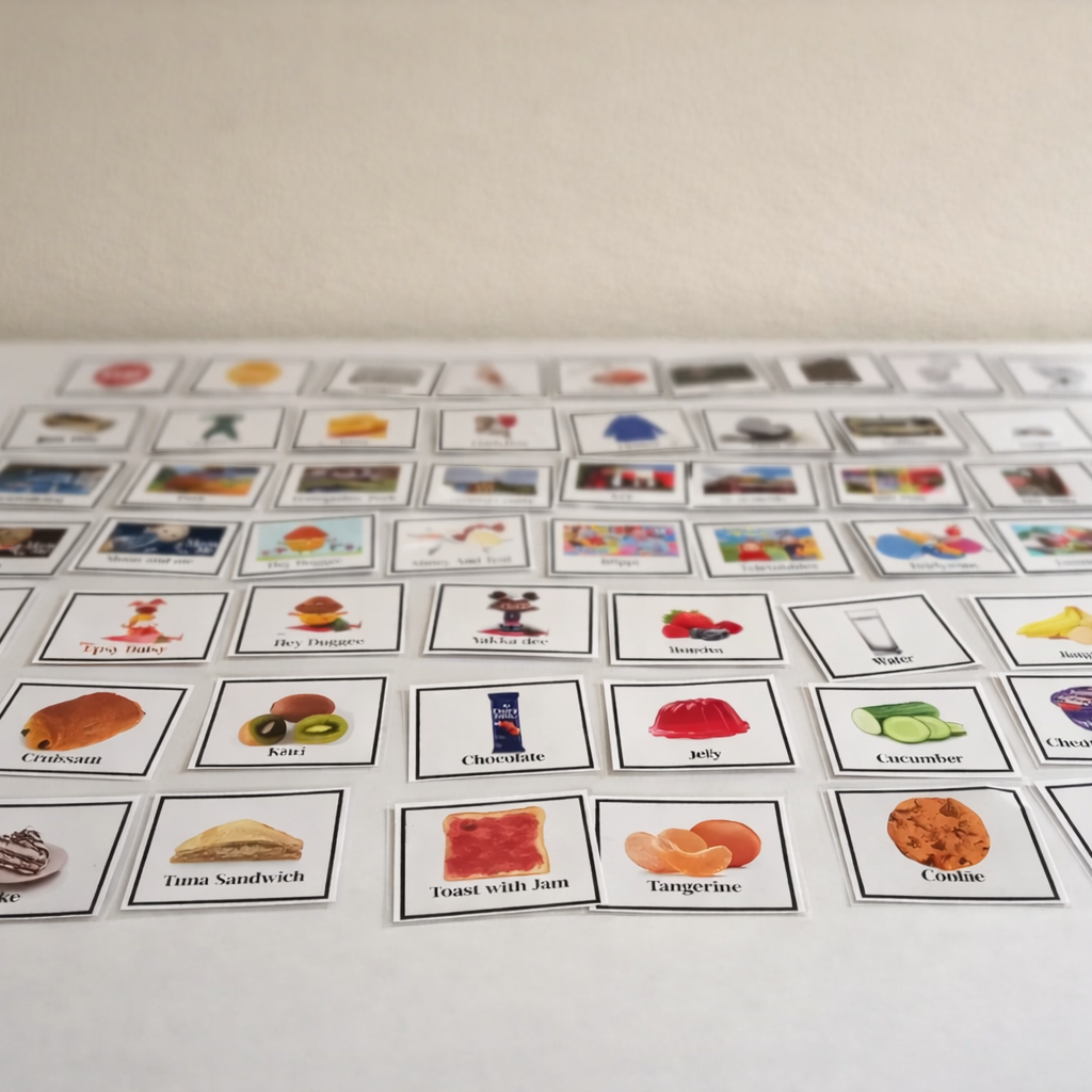 A large collection of laminated PECS communication cards laid out neatly on a white table. The front cards show foods like cake, tuna sandwich, toast with jam, tangerine, cookie and juice. Cards further back show everyday items, activities, places.