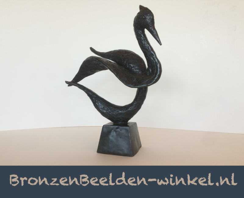 Abstract Bronzen Beeld - Gestileerde Zwaan op Sokkel in Brons